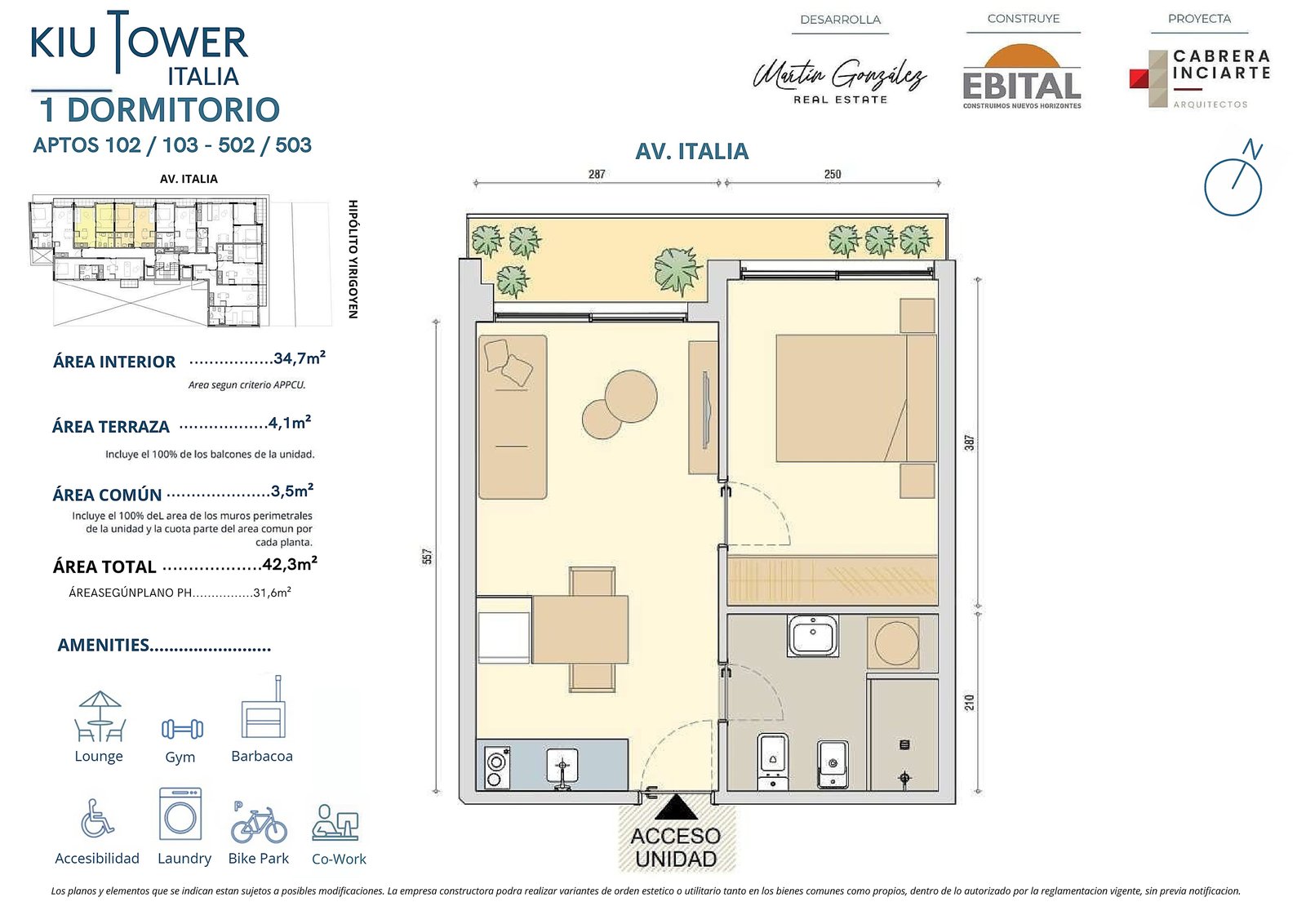 Plano de un apartamento de 1 dormitorio de Kiu Tower Italia con el detalle de áreas: interior 34,7 m², terraza 4,1 m², área común 3,5 m², total 42,3 m² y área según plano de PH 31,6 m²