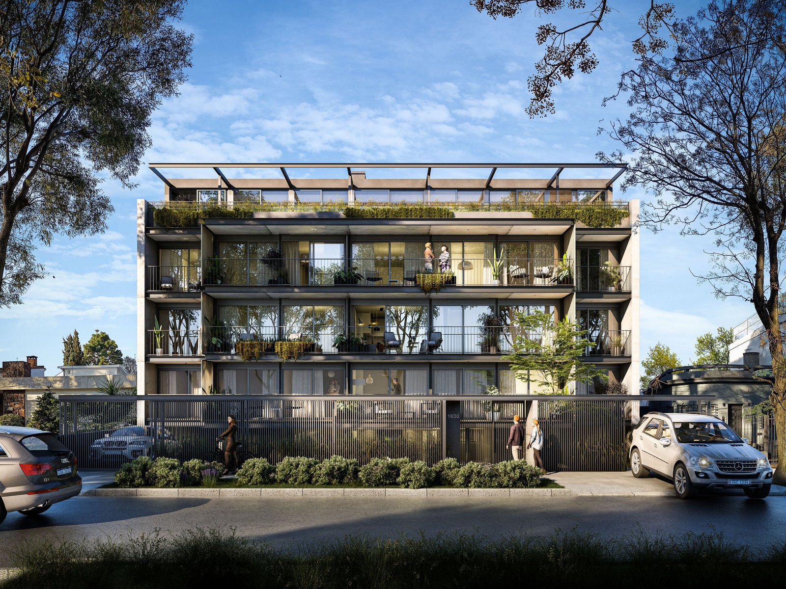 Render de la fachada de un edificio de cuatro pisos con balcones verdes, rodeado de árboles, con autos y peatones en la vereda
