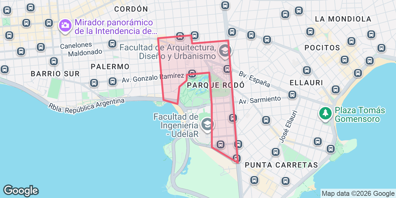 Mapa de Parque Rodó con el contorno del barrio