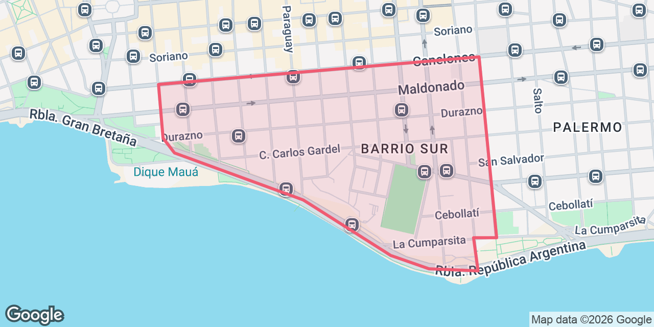 Mapa de Barrio Sur con el contorno del barrio